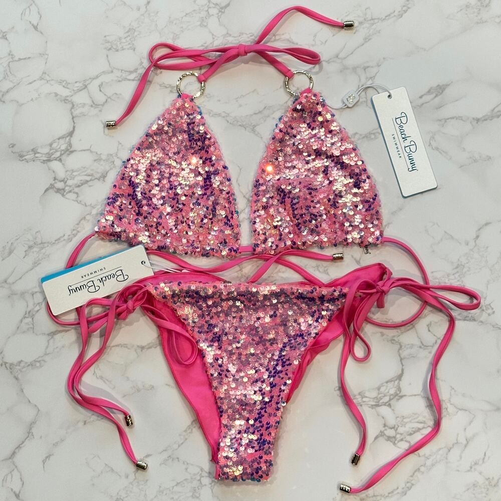 Beach Bunny Pink Icon DD Triangle Top & L Icon Tie Side Skimpy Bottom $250 - Picture 11 of 14